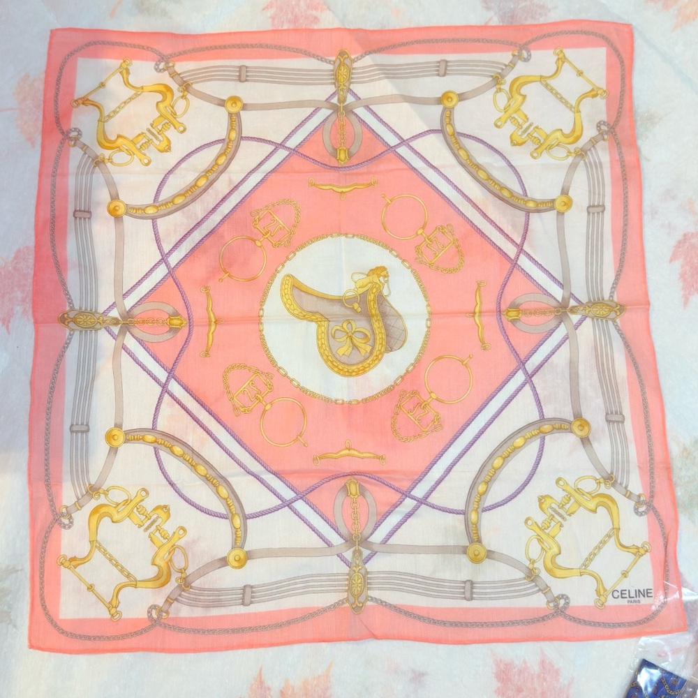 Celine Coral and Gold Scarf handkerchief cotton